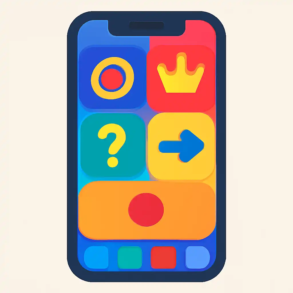Smartphone shown from the front displaying a colourful flat layout of abstract game icons and rounded tiles, Common