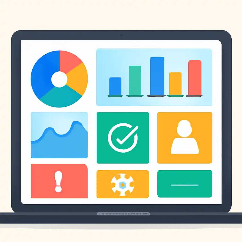Laptop shown from the front displaying a colourful flat dashboard of abstract charts, bars and icon tiles, Common Mistakes