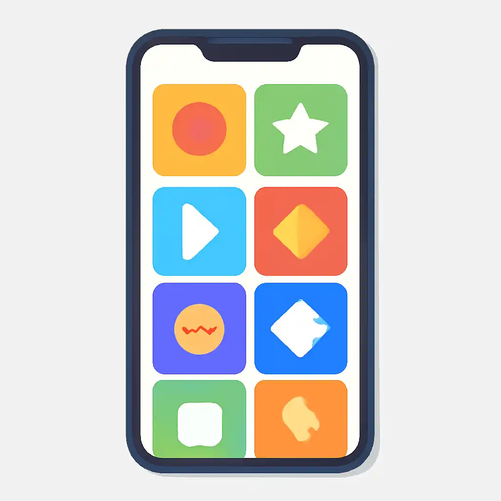 Smartphone shown from the front displaying a colourful flat layout of abstract game icons and rounded tiles, Getting