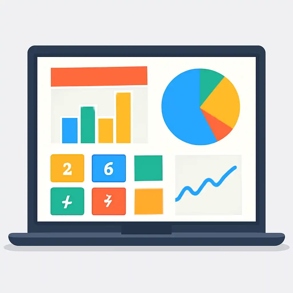 Laptop shown from the front displaying a colourful flat dashboard of abstract charts, bars and icon tiles, Getting Started