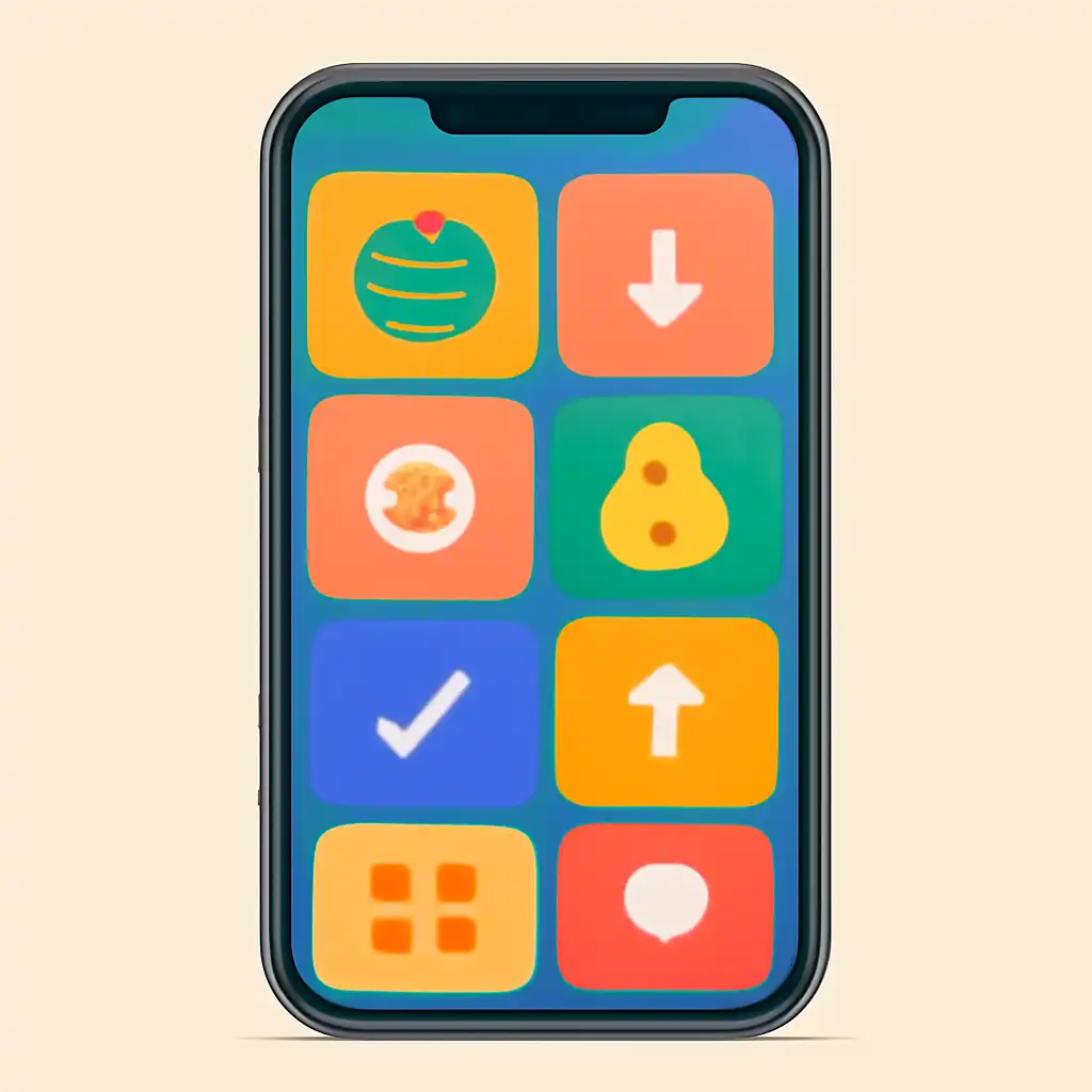 Smartphone shown from the front displaying a colourful flat layout of abstract game icons and rounded tiles, Deposits