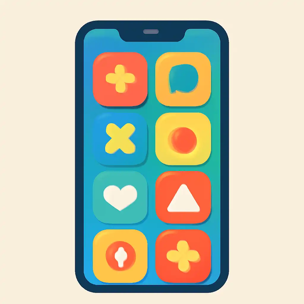 Smartphone shown from the front displaying a colourful flat layout of abstract game icons and rounded tiles, What khanapara