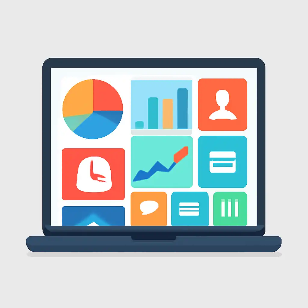 Laptop shown from the front displaying a colourful flat dashboard of abstract charts, bars and icon tiles, What khanapara