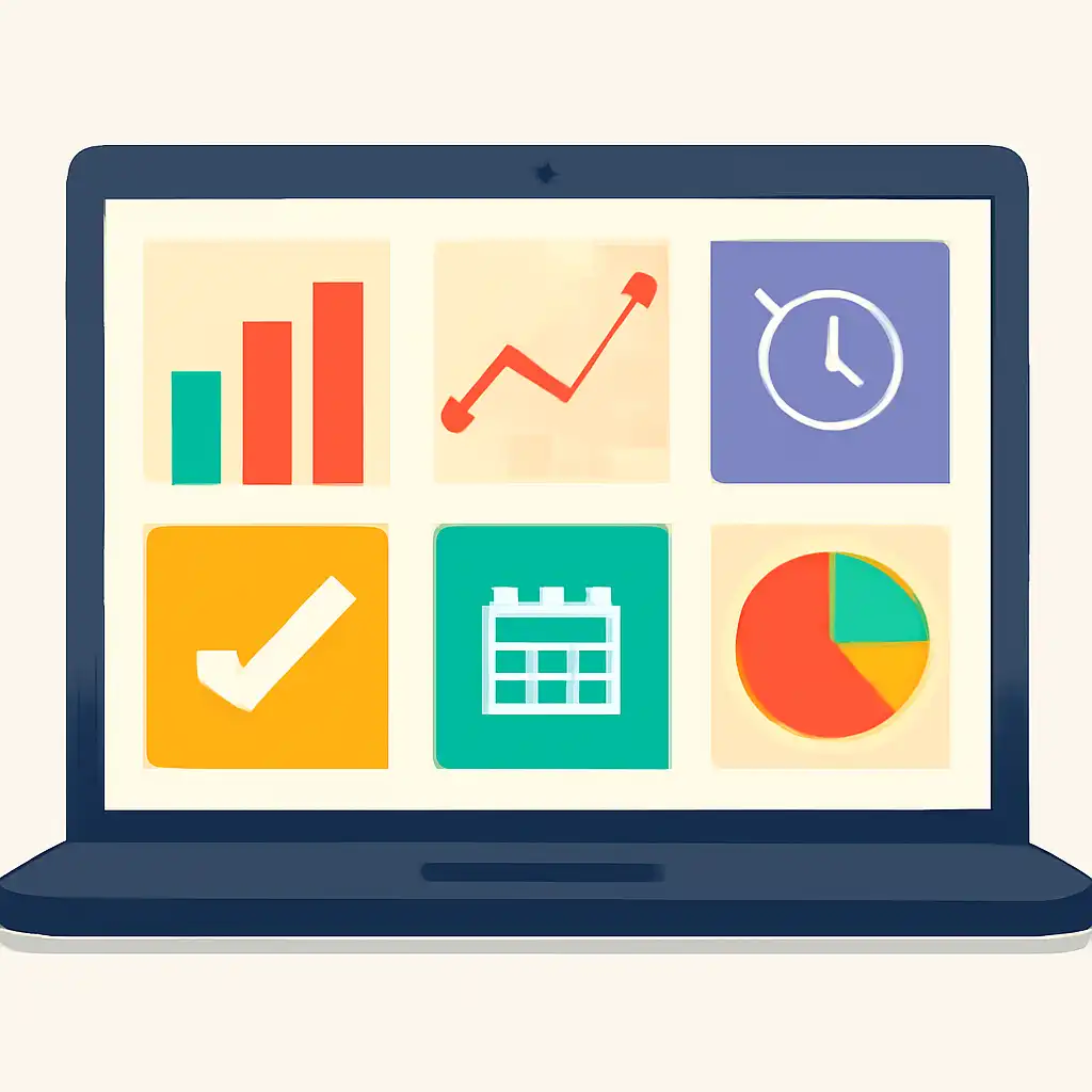 Laptop shown from the front displaying a colourful flat dashboard of abstract charts, bars and icon tiles, khanapara teer